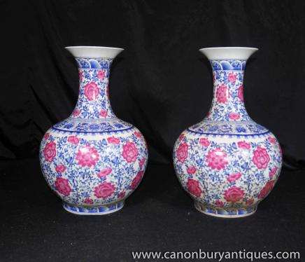 Pair Chinese  Porcelain Vases - Famille Rose Bulbous Urns